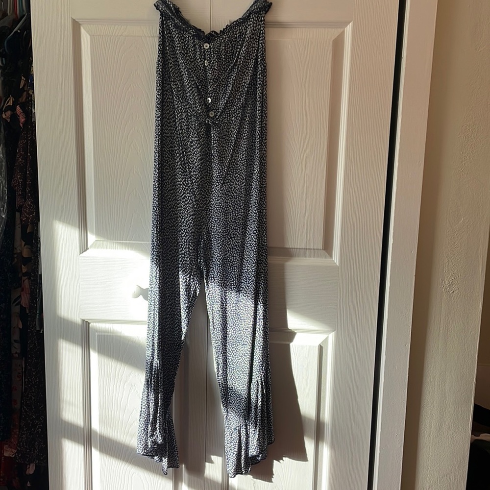 Strapless drawstring waist ruffle jumpsuit